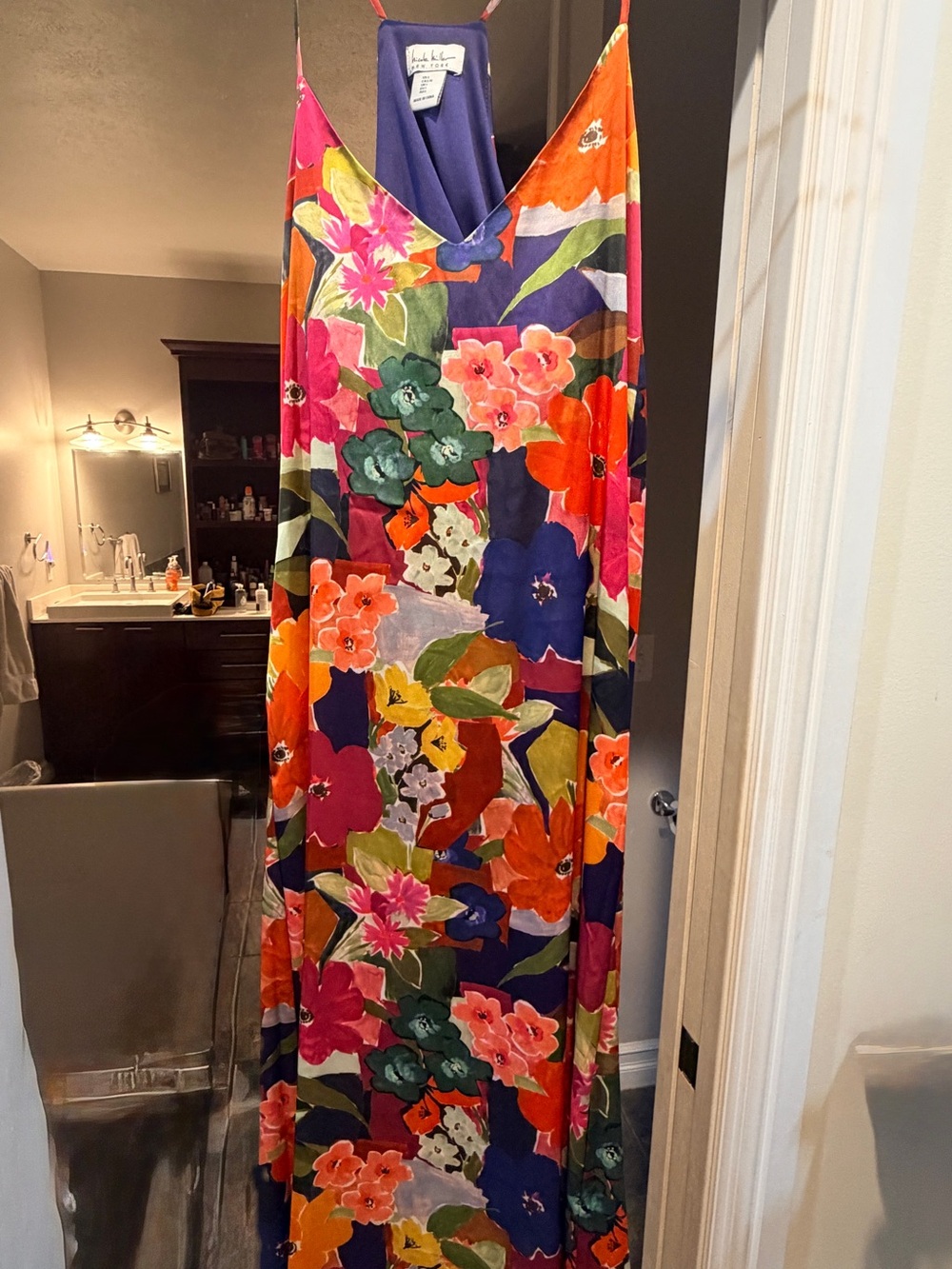 Nicole Miller Multicolor Floral Slip Maxi Dress in Purple, Orange, Pink & Green